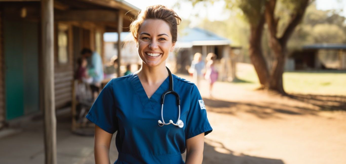 A nurse with a stethoscope around her neck is smiling while standing in front of a building.