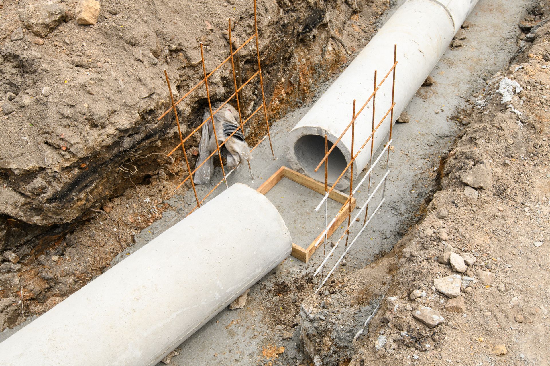 A concrete pipe is being installed in the dirt.