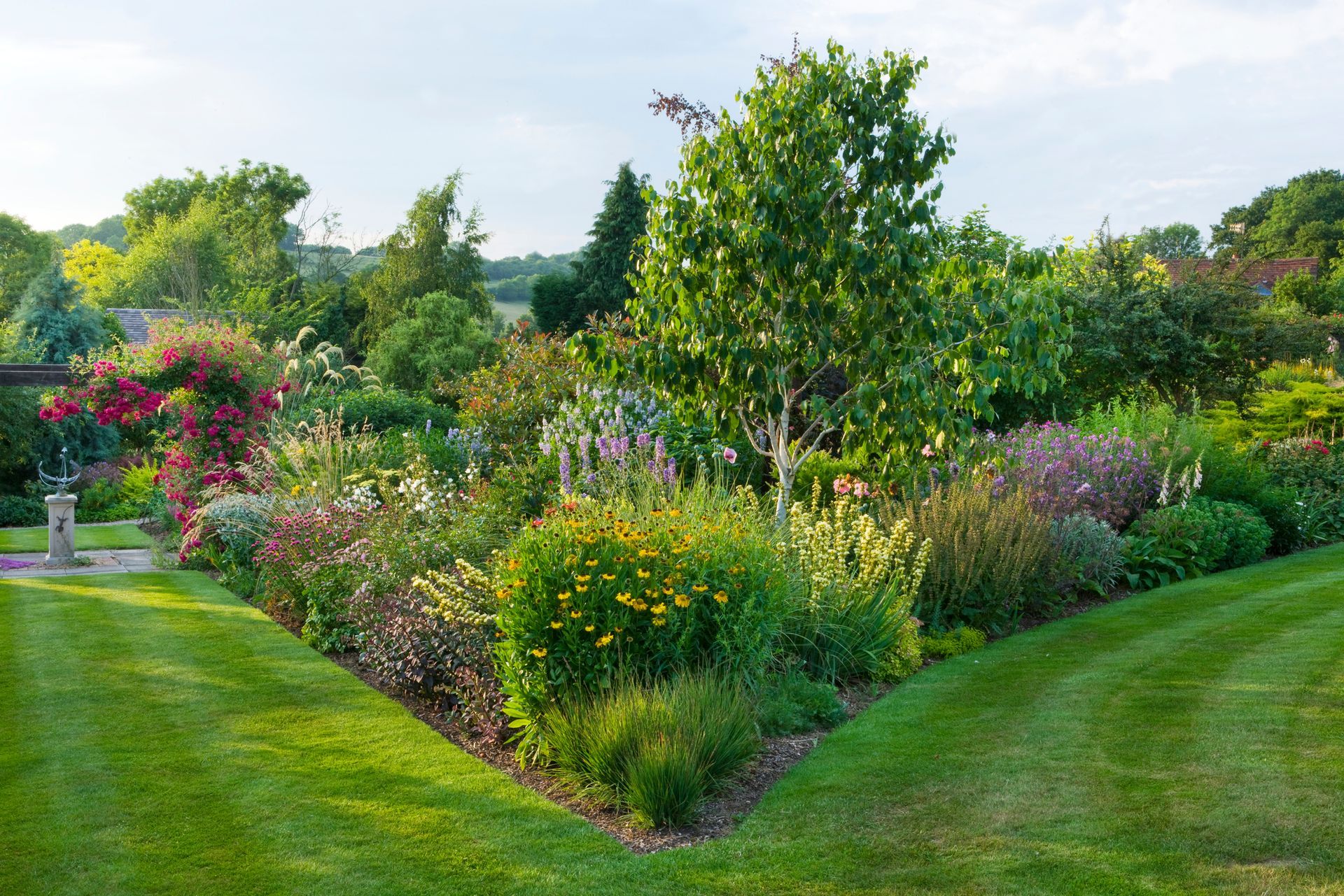A lush green garden filled with lots of flowers and trees.