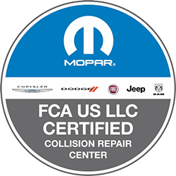 A sticker that says fca us llc certified collision repair center