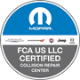A sticker that says fca us llc certified collision repair center
