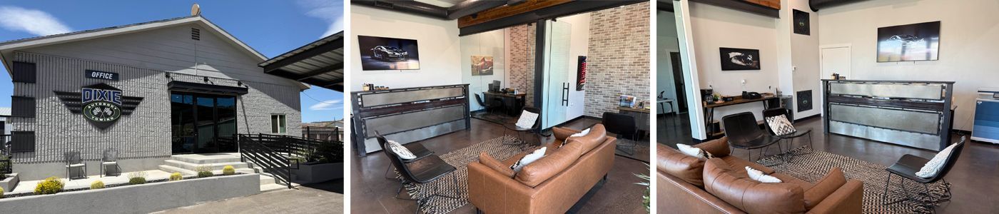 A collage of three pictures of a house and a living room.