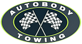 A logo for autobody towing with two crossed checkered flags.