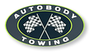 A logo for autobody towing with two crossed checkered flags.