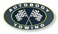 A logo for autobody towing with two crossed checkered flags.