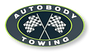 A logo for autobody towing with two crossed checkered flags.