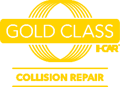 A gold class collision repair logo on a white background.