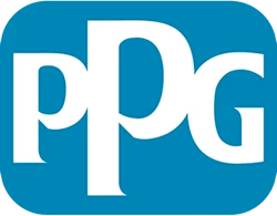 A blue and white ppg logo on a white background
