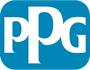 A blue and white ppg logo on a white background