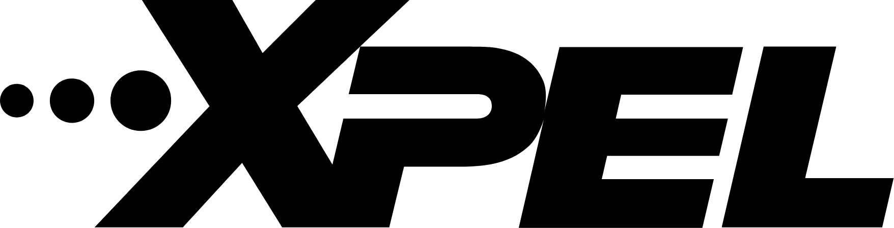 A black and white logo for xpel on a white background