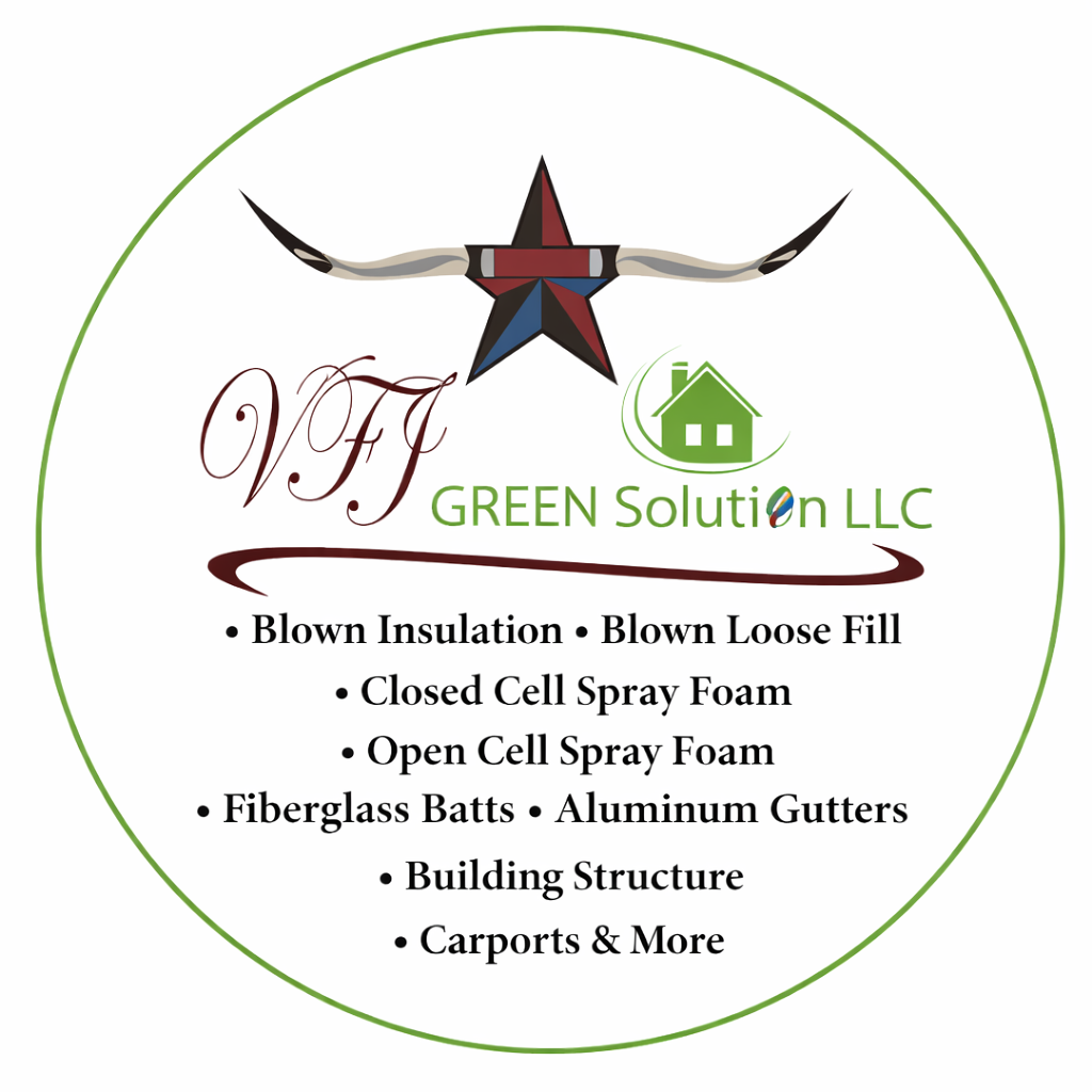Logo for V.F.J. Green Solution LLC, a company offering insulation and construction services, with a Texas star.