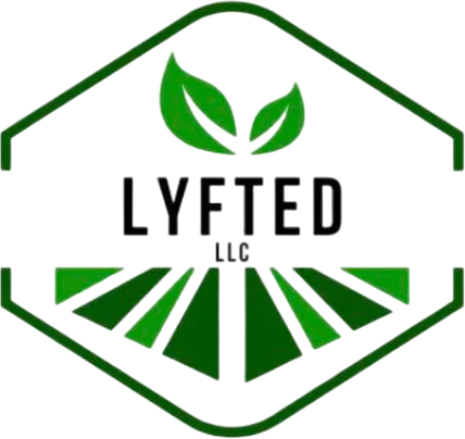Logo for Lyfted LLC featuring two green leaves above the company name and a stylized green field inside a hexagon.