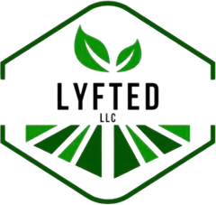 Logo for Lyfted LLC featuring two green leaves above the company name and a stylized green field inside a hexagon.