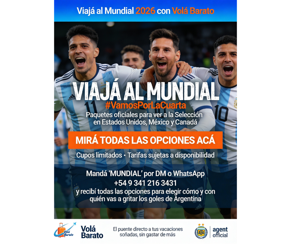 Publicidad de viaje al Mundial 2026. Jugadores de fútbol con uniformes de Argentina, fondo azul y blanco.