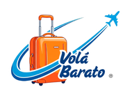 Maleta naranja con estelas azules, un avión y el texto