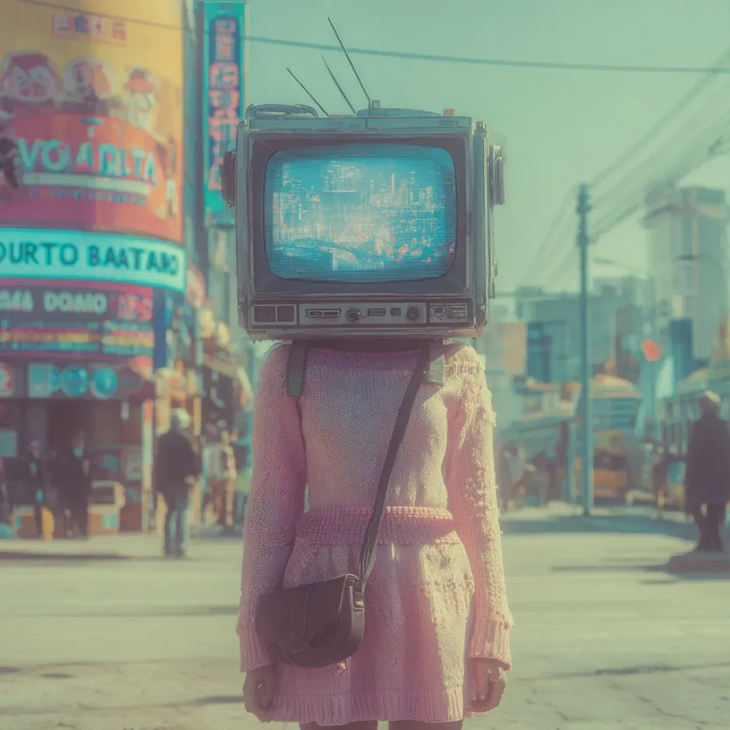 Persona con una televisión antigua por cabeza, de pie en una calle de la ciudad. Lleva un vestido rosa y sostiene un bolso.
