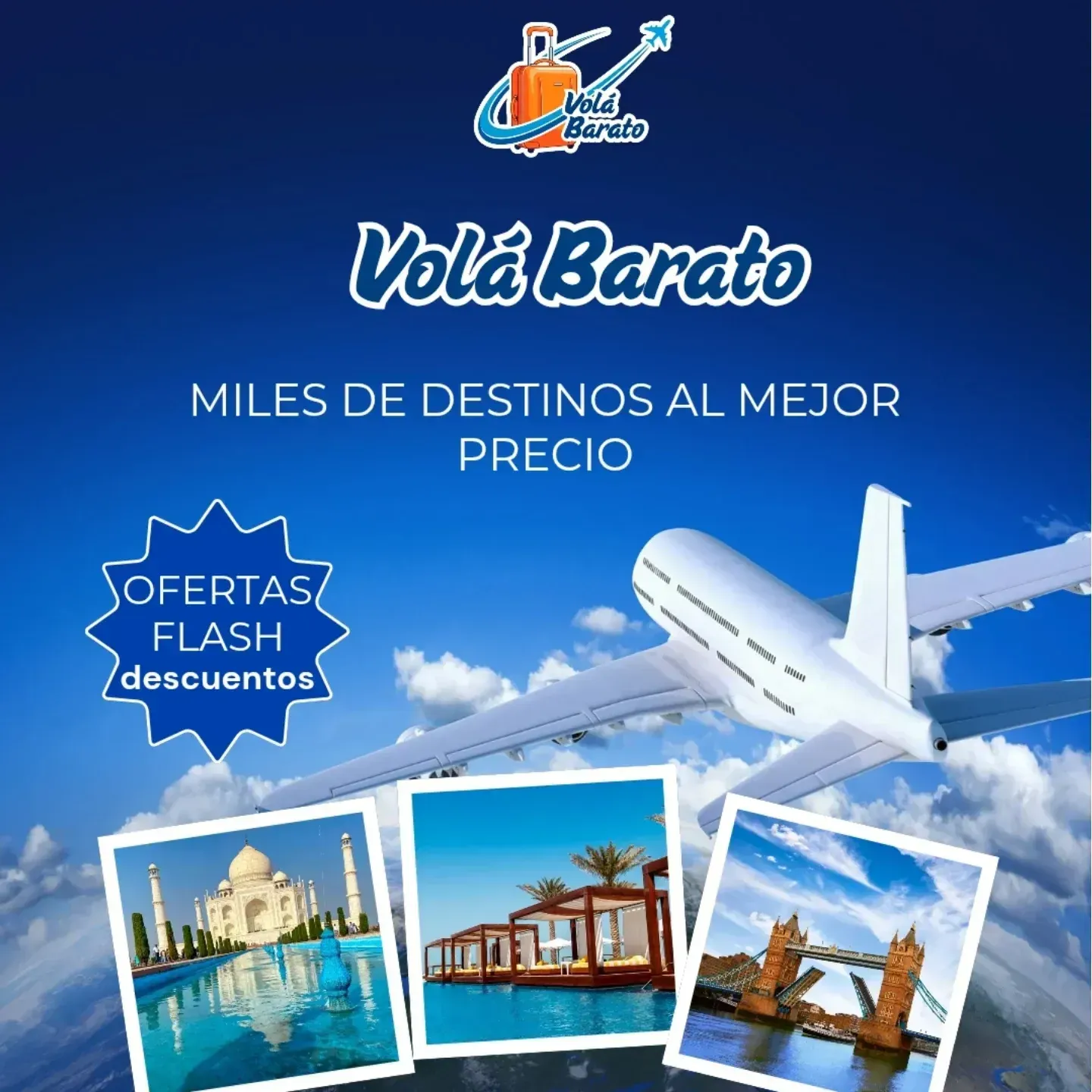 Anuncio de viajes: avión volando, se muestran varios destinos, fondo azul.