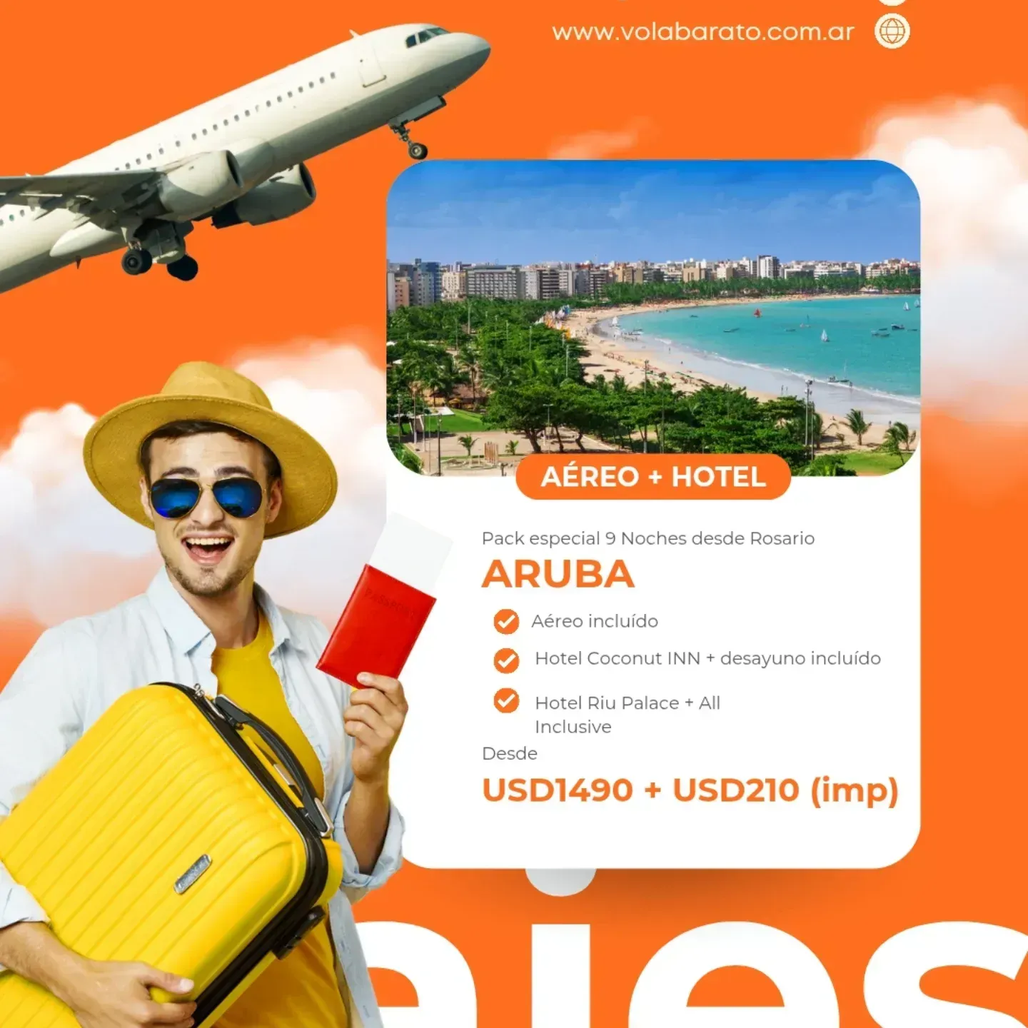 Hombre con maleta y pasaporte anunciando un paquete de viaje a Aruba: vuelo + hotel.