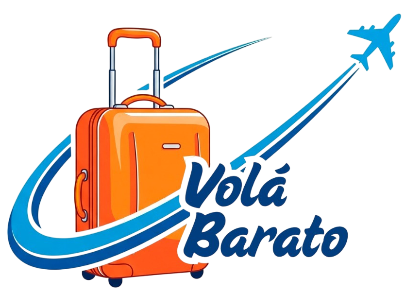 Maleta naranja con estelas azules, un avión y el texto 