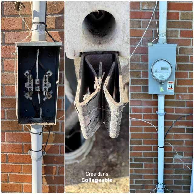 Image en trois panneaux : Composants électriques sur un mur de briques, notamment une boîte à fusibles et un compteur.