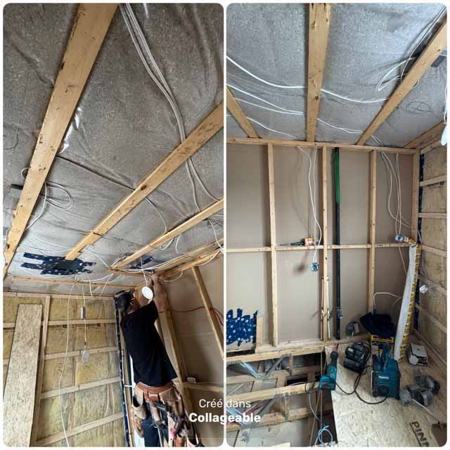 Deux photos : une personne installe des câbles dans une pièce en bois, avec de l’isolant au plafond.