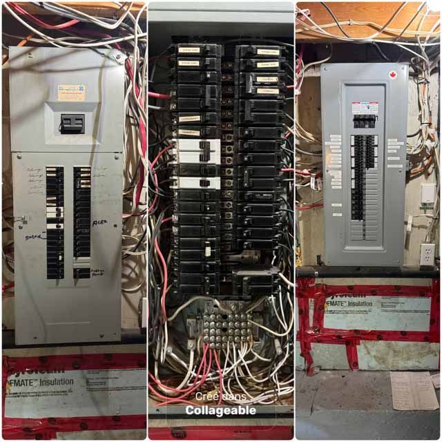 Trois boîtes à disjoncteurs électriques avec fils apparents.