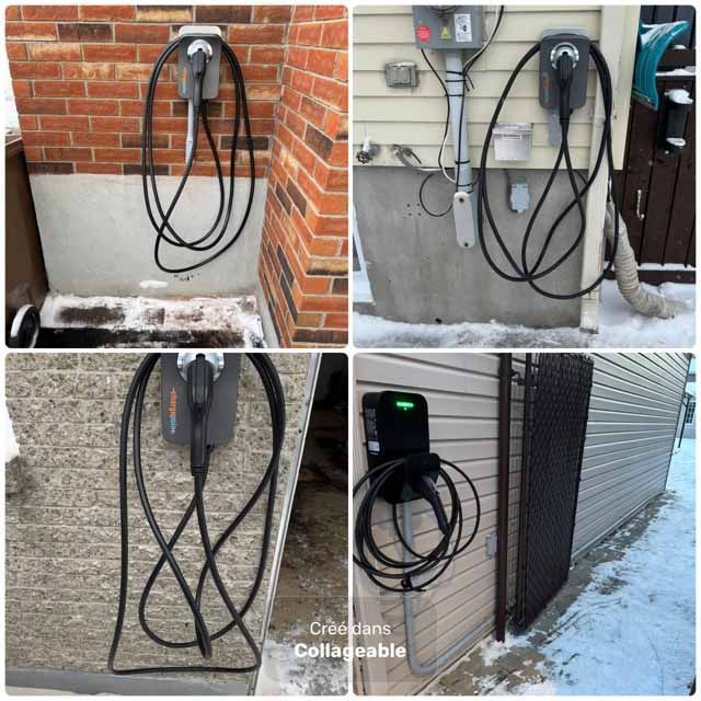 Quatre vues différentes de bornes de recharge pour véhicules électriques installées sur divers extérieurs.