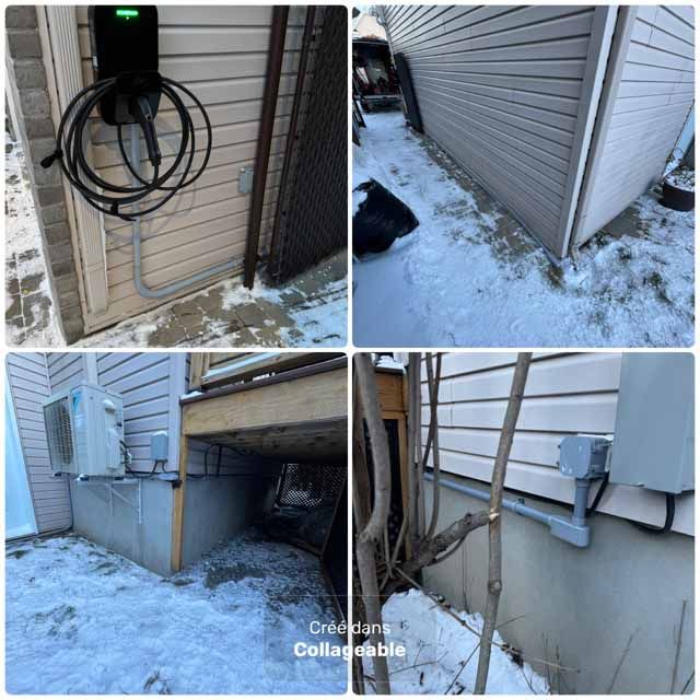 Quatre photos montrant des installations électriques extérieures : borne de recharge pour véhicule électrique.