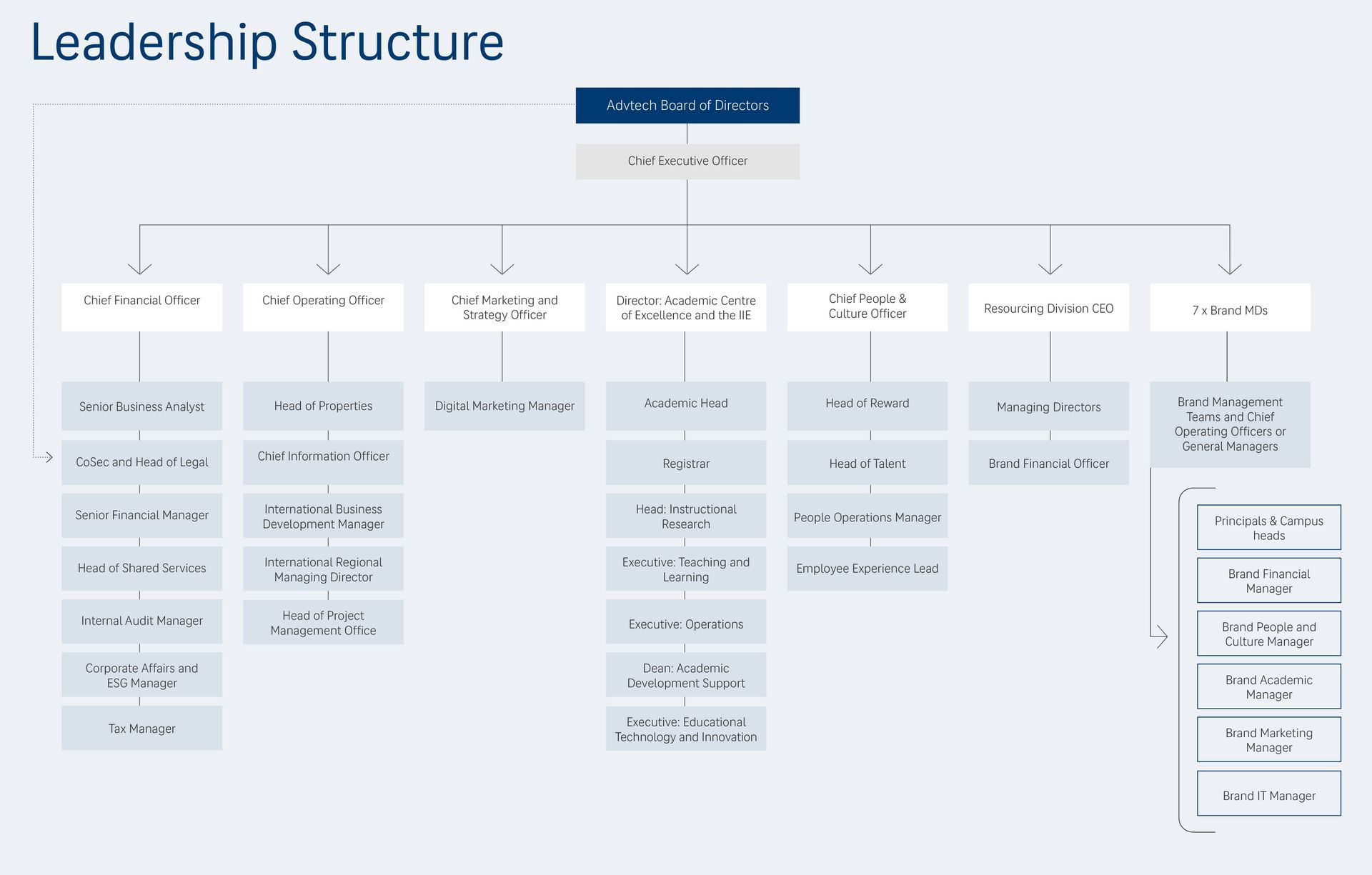 A diagram showing the leadership structures of a company