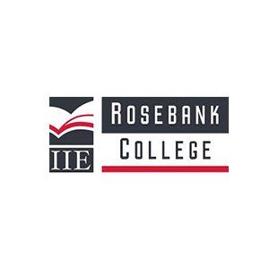 The logo for rosebank college is a black and red logo with a book on it.