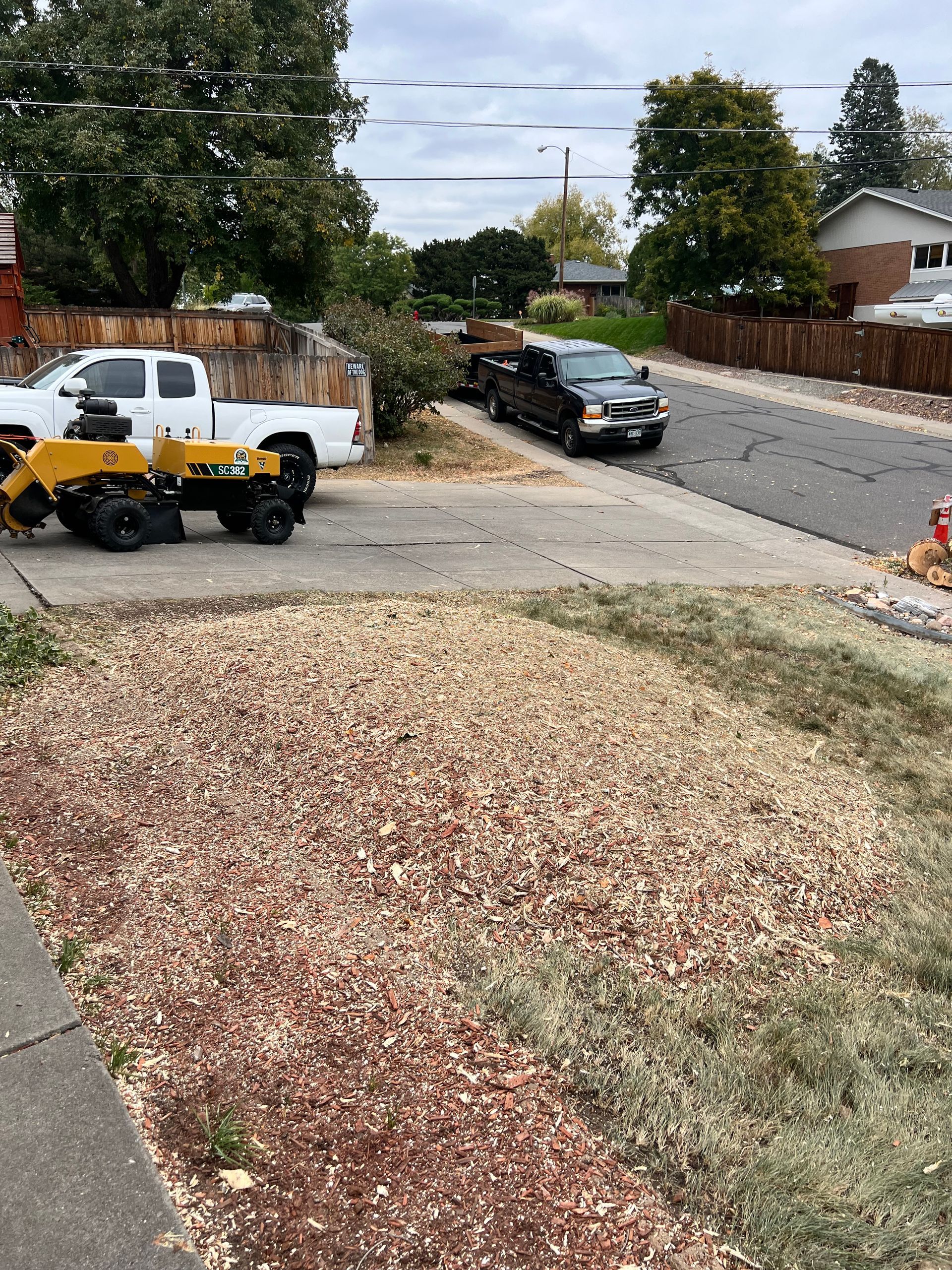 A large tree stump is being removed by an excavator.