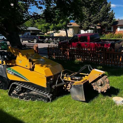 A yellow stump grinder is sitting on top of a lush green lawn.
