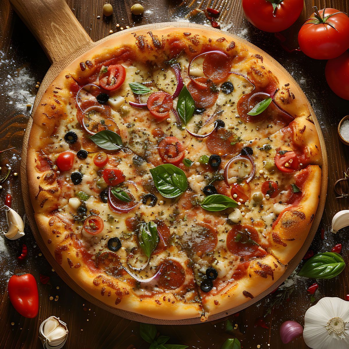 A pizza is sitting on a wooden cutting board on a wooden table surrounded by vegetables.