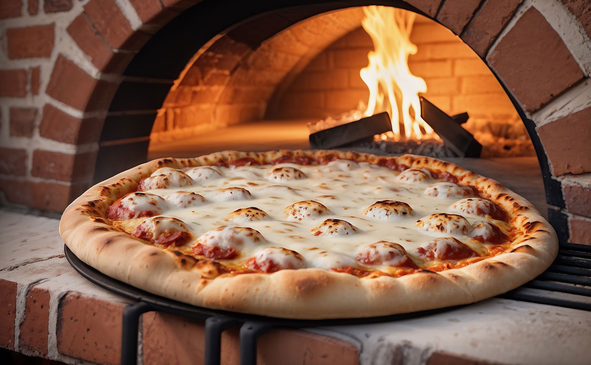 A pizza is sitting in front of a brick oven.