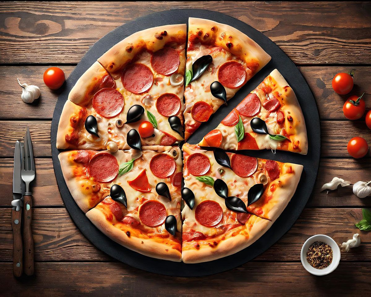 A pepperoni pizza with olives and tomatoes on a wooden table.