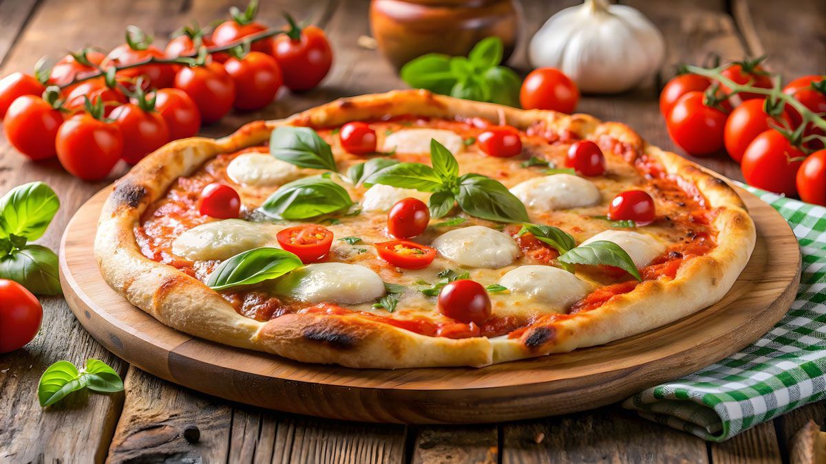 A pizza with tomatoes and basil on a wooden cutting board on a wooden table.