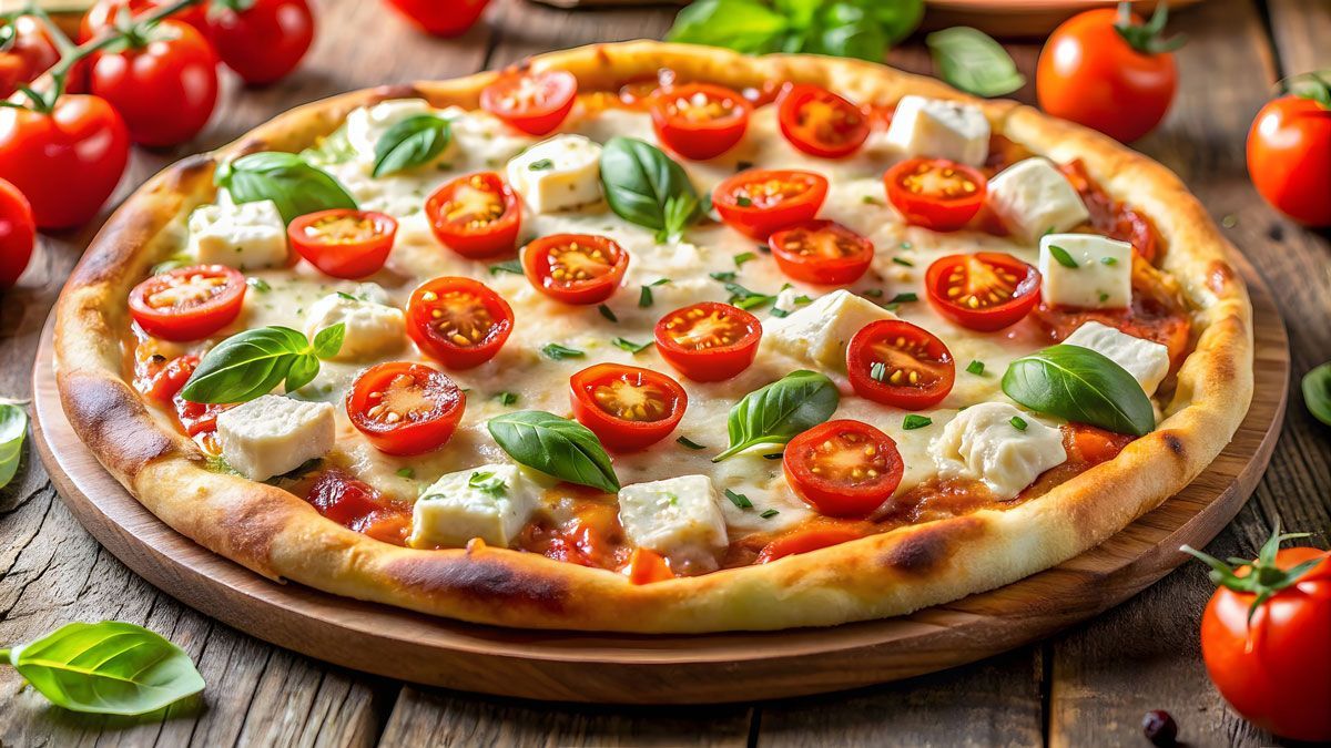 A pizza with tomatoes and cheese on a wooden cutting board.