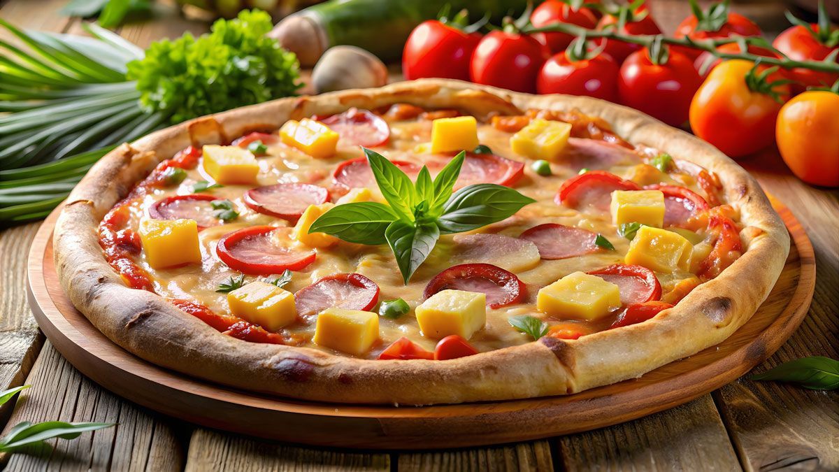 A pizza with pineapple , pepperoni , tomatoes and basil on a wooden table.