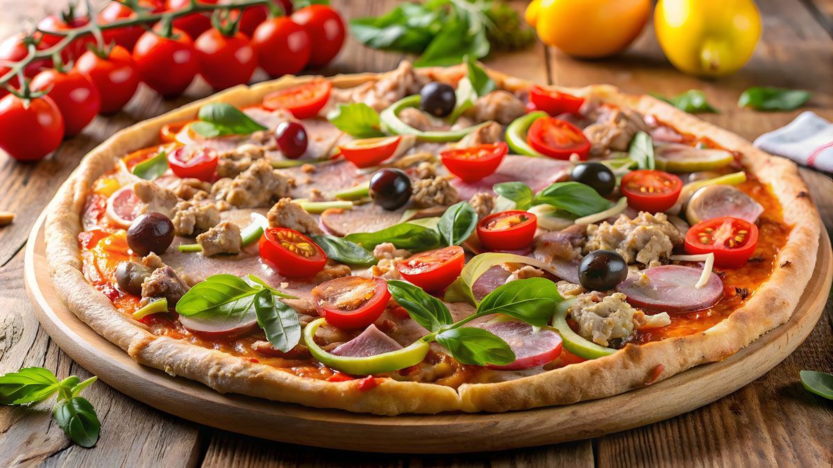 A pizza with tomatoes , olives , peppers and ham on a wooden table.