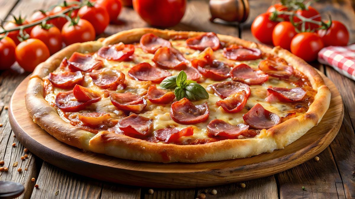 A pepperoni pizza is sitting on a wooden cutting board on a wooden table.