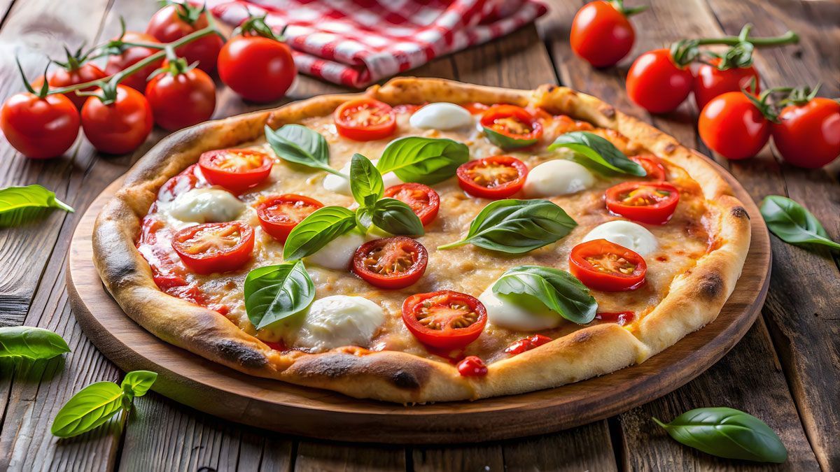 A pizza with tomatoes and basil on a wooden table.