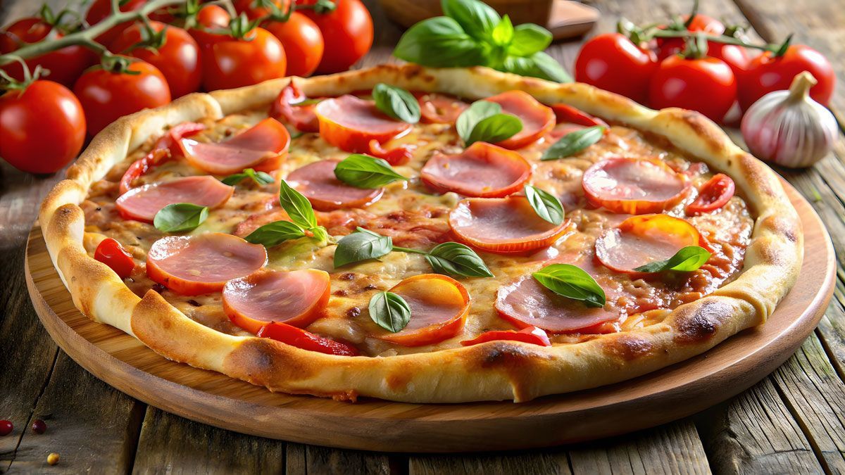 A pizza with ham , tomatoes and basil on a wooden cutting board.