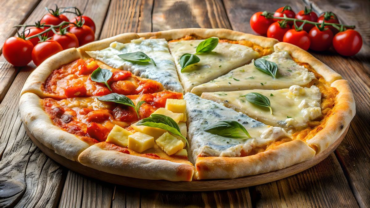 A pizza with different toppings is sitting on a wooden table.