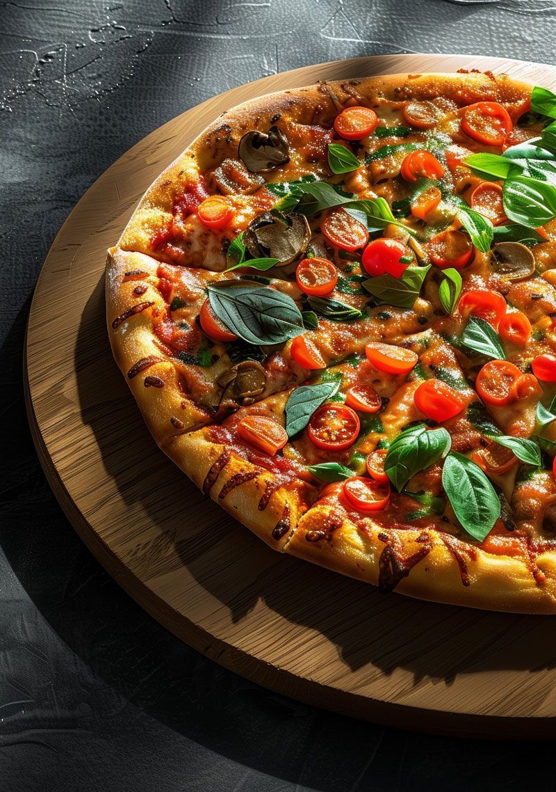 A pizza with tomatoes , basil , and mushrooms on a wooden cutting board.