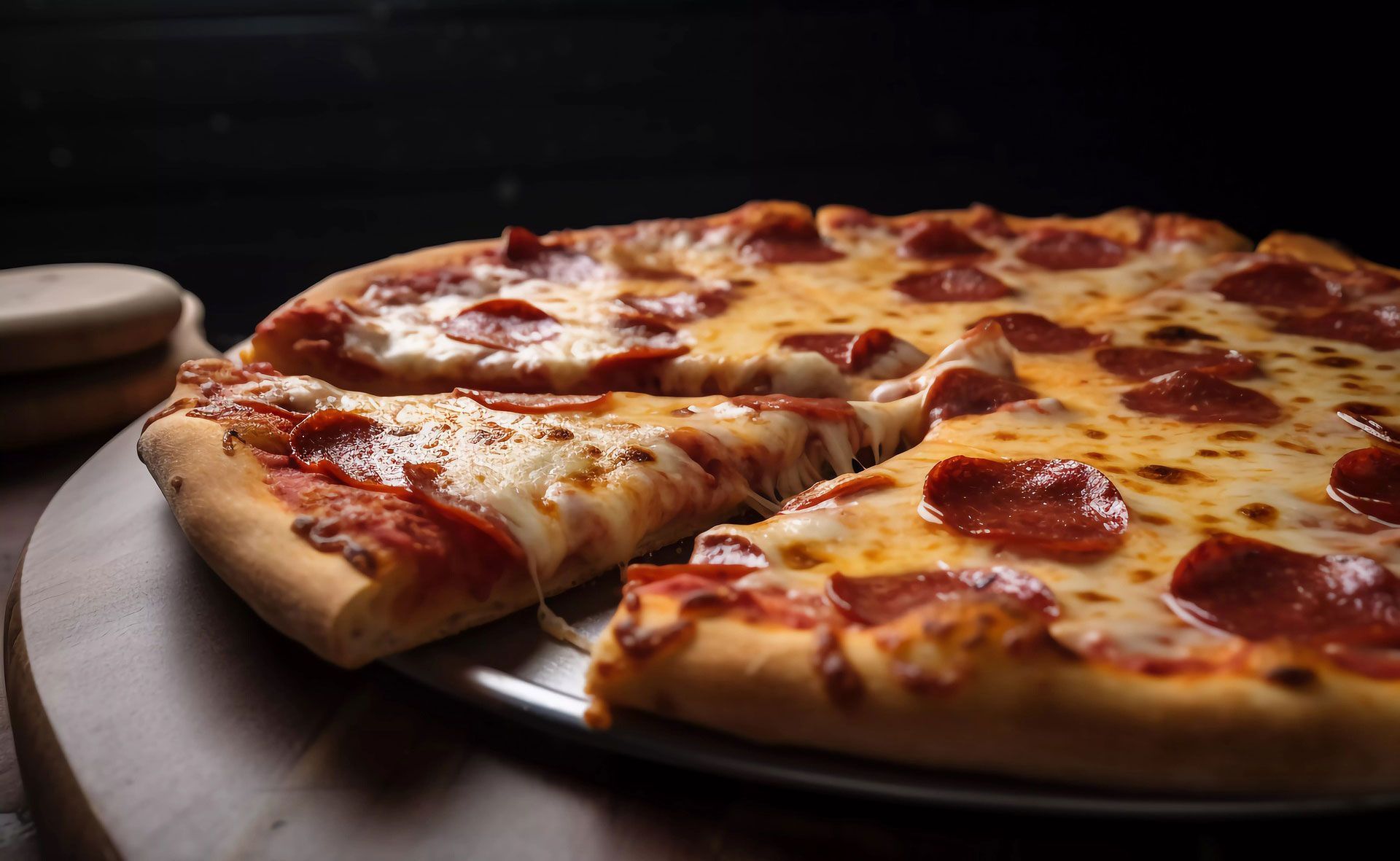 A pepperoni pizza with a slice taken out of it is on a pizza pan.