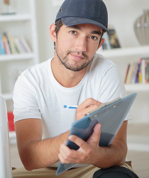 A man wearing a baseball cap is holding a clipboard