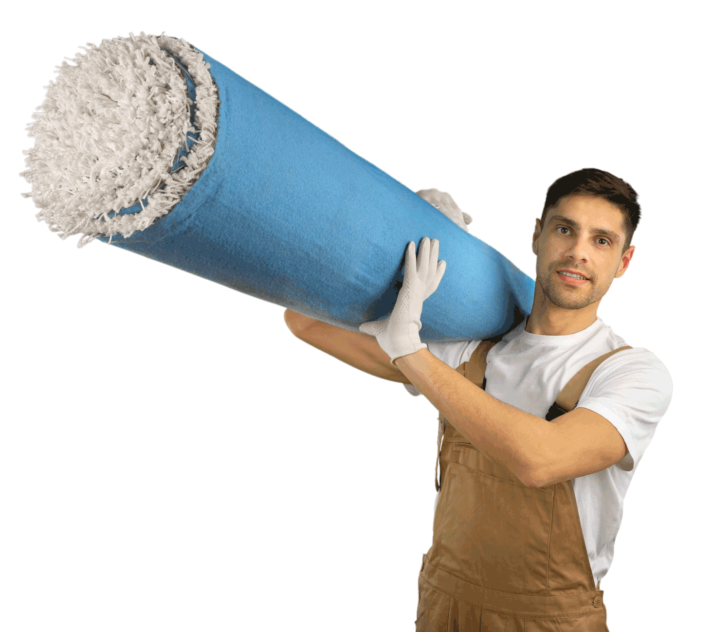 A man is carrying a large blue roll of carpet