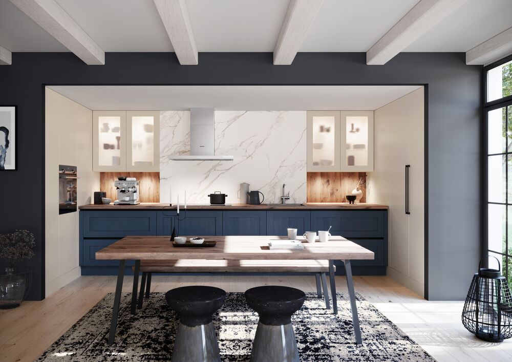 cucina con travi bianche