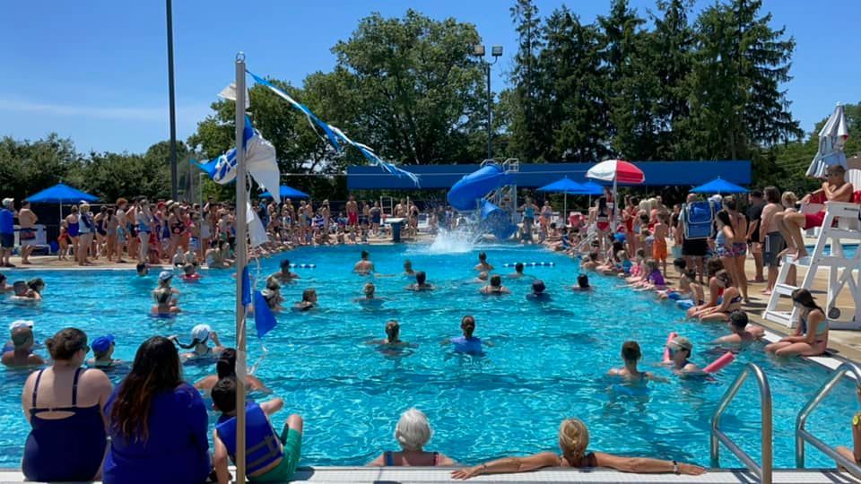 People in a swimming pool during an event with flags, a dolphin fountain, and spectators.