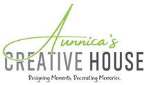 Annica’s Creative House logo with gray and green text and tagline, “Designing Moments, Decorating Memories.”
